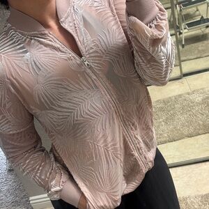 Stone row/volcolm Pink Sheer Leaf Pattern Bomber Jacket/oversized